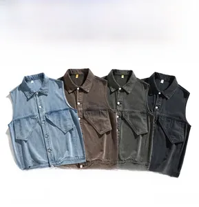 Detail showing vintage washed denim vests in four colors with flap pockets and buttons