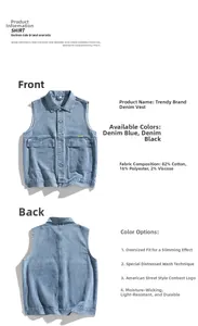 Detail view of oversized denim vest fabric composition and vintage washed blue texture