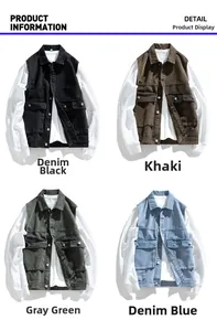 Detail view of denim jackets in black, khaki, grey-green, and blue with contrast sleeves