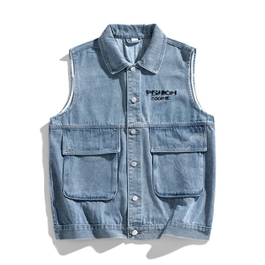 Men's light blue retro denim vest with front pockets and embroidery in street style