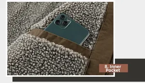 Détail de l'intérieur d'une veste en coton avec doublure sherpa grise et poche intérieure