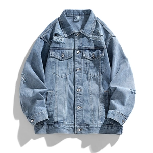 Men Retro American Denim Jacket Cotton Blend Distressed Ripped Workwear Outerwear Casual Loose Washed Streetwear Denim Coat