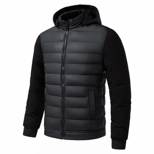 Detailed view of men's black hooded jacket with hybrid quilted padding and sleek fabric sleeves
