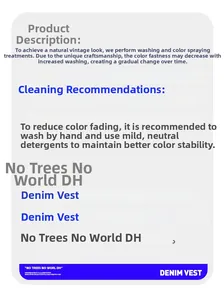 Care label for retro washed denim vest showing hand wash instructions and fabric details