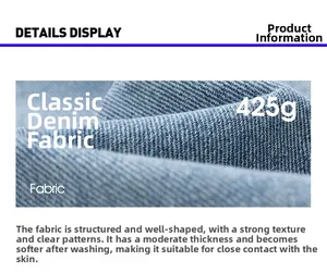 Detail shot of heavy 425g washed blue denim fabric texture and twill pattern weaving