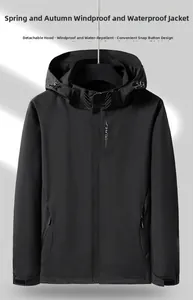 Détails de la veste d'extérieur noire imperméable avec capuche amovible et poches zippées