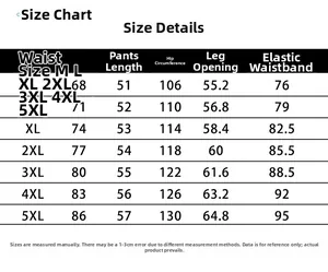 Tableau des tailles détaillé pour shorts d'été en coton pour hommes du M au 5XL