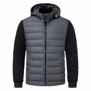 Detail view of the warm fleece-lined collar and S-size label on the men's hooded jacket