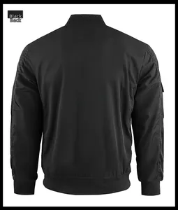 Back view of a black pilot bomber jacket with ribbed collar and windproof fabric