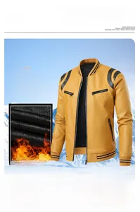 Detail of a men's thick ginger yellow PU flight jacket with warm black fleece lining and zippers