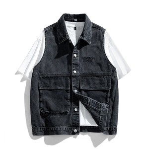Men's retro washed black denim vest jacket with fashion embroidery and utility pockets