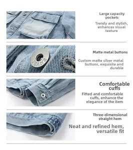 Detail view of light blue denim jacket with flap pockets and silver metal buttons