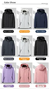 Détails des vestes imperméables avec capuche ajustable et poches zippées de plusieurs coloris