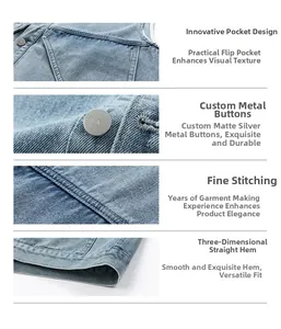 Detail view of denim vest featuring flap pockets, engraved silver buttons and stitching
