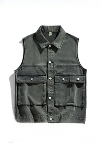 Detail view of retro washed dark grey denim vest with functional multi-pockets and metal buttons