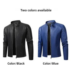 Detail view of men's leather jacket collars in black and blue with stand-up button neck