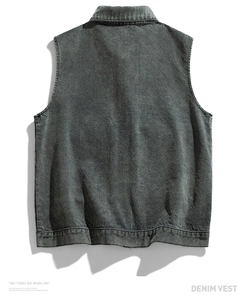 Close-up back view showing vintage washed dark gray denim vest fabric and stitched hem