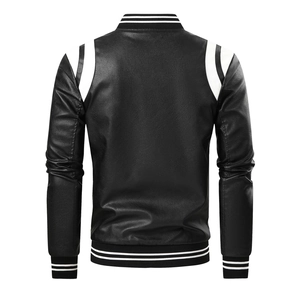 Detail view of the back of a black PU leather varsity jacket with white striped trims