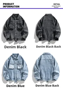 Detailed view of cargo denim jacket showing dual front pockets and metal button closure