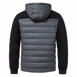 Rear view of men's hooded quilted jacket with black and grey color-block design