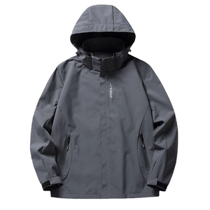 Men's dark gray hooded windproof jacket with sports print and waterproof fabric