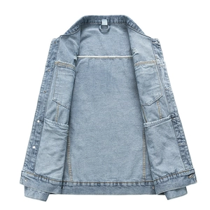 Men's retro American denim work jacket in washed blue with interior pocket detail