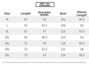 Detailed size chart for men's leather jacket showing chest, shoulder and length measurements
