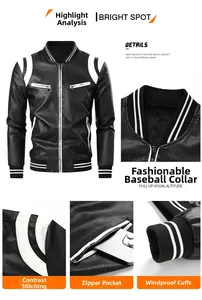 Detail view of men's faux leather motorcycle jacket with contrast stitching and ribbed cuffs