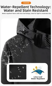 Détail de la technologie déperlante sur veste noire avec effet de gouttes hydrophobes