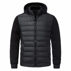 Detailed view of the black quilted texture and hooded design on men's winter jacket