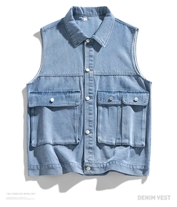 Detailed flat lay of a light blue denim cargo vest with metal buttons and pockets