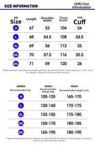 Size chart for washed denim jacket showing measurements from M to 3XL in centimeters