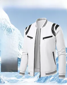 Detailed view of white PU leather jacket with fleece lining and ribbed knit cuffs