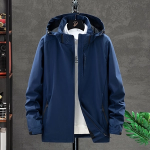 Waterproof navy blue hooded windbreaker for men with functional outdoor zipper design