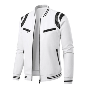 Close-up of white PU leather motorcycle jacket with ribbed collar and zip pockets