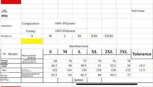 Size guide table for men hooded jacket showing measurements in cm from size S to 3XL