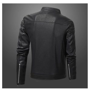 Rear view of men's black leather jacket featuring stand collar and zipper cuffs