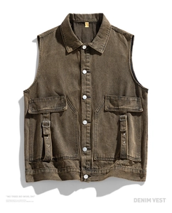 Detail view of retro brown denim vest featuring metal buttons and large flap pockets