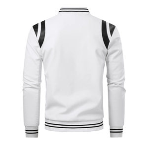 Back view of white PU leather varsity jacket with black ribbed trim and shoulder panels