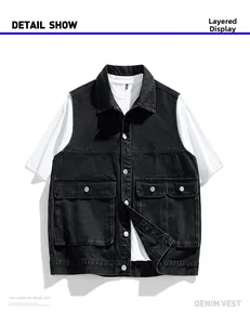 Detail show of black utility denim vest with cargo pockets and metallic buttons