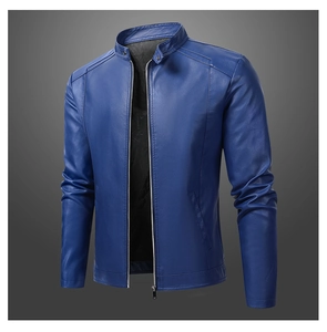 Detail of dark blue faux leather jacket with stand collar and metallic zipper finish