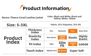 Size chart for men's fleece-lined PU jacket showing materials, sizes and fit details