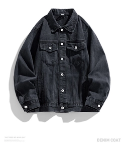 Detailed view of dark grey washed denim jacket featuring classic collars and metal buttons
