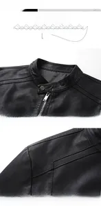 Detail of men's black faux leather biker jacket with stand collar and metallic zipper