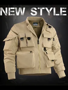 Khaki multi-pocket tactical pilot bomber jacket with functional rib-knit cuffs and hem