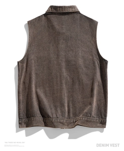 Rear view of brown washed denim vest showing distressed texture and cotton fabric