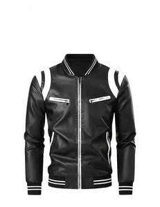 Detail view of the black and white faux leather baseball jacket with ribbed cuffs and hem