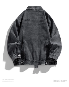 Detailed back view of a vintage washed dark grey denim jacket with metal buckles