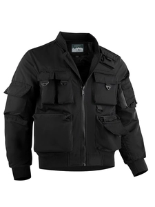 Black tactical bomber jacket for men with multiple pockets and functional utility D-rings