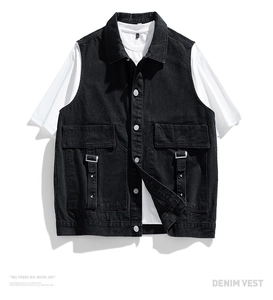 Detailed view of black cargo denim vest with multiple utility pockets and metal buttons